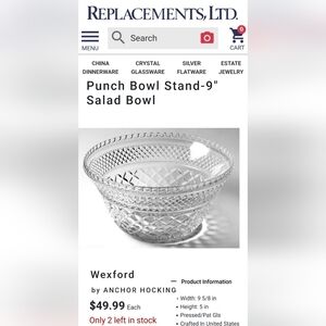 Vntg 9" Wexford Clear Glass Serving / Salad / Punch Stand Bowl by Anchor Hocking